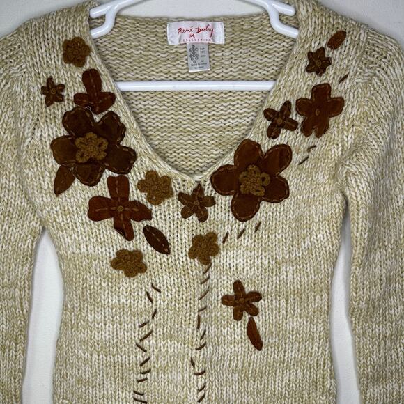 Rene Derhy Women's 6 Sweater Tan Lambs Wool Angora Blend Knit Floral Boho Indie - Picture 2 of 5